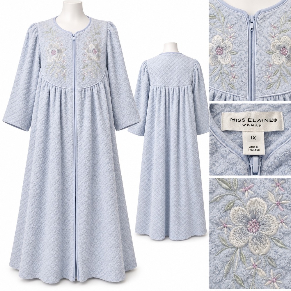 Miss Elaine Zip Front Robe Women 1X Blue Floral Embroidered Waffle Knit 866005X